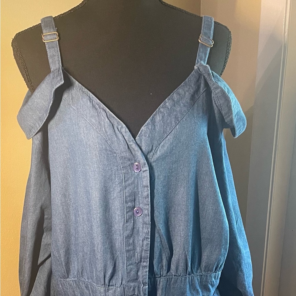 Ashley Stewart Blue Denim cold shoulder Dress 3/4 sleeves 100% cotton sz. 18